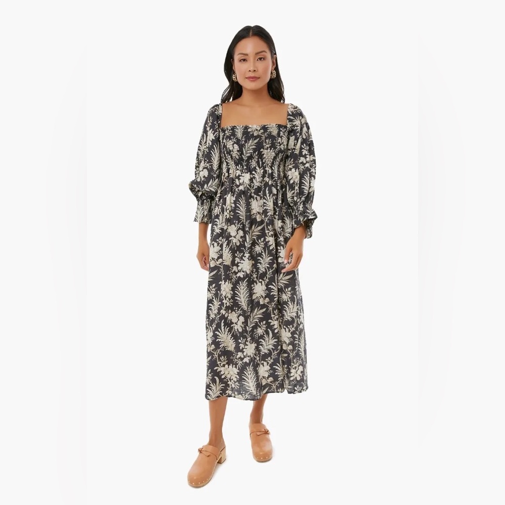 Tuckerneck Women’s Dress Black & Khaki Size Medium Ojai Vines Floral Linen Midi